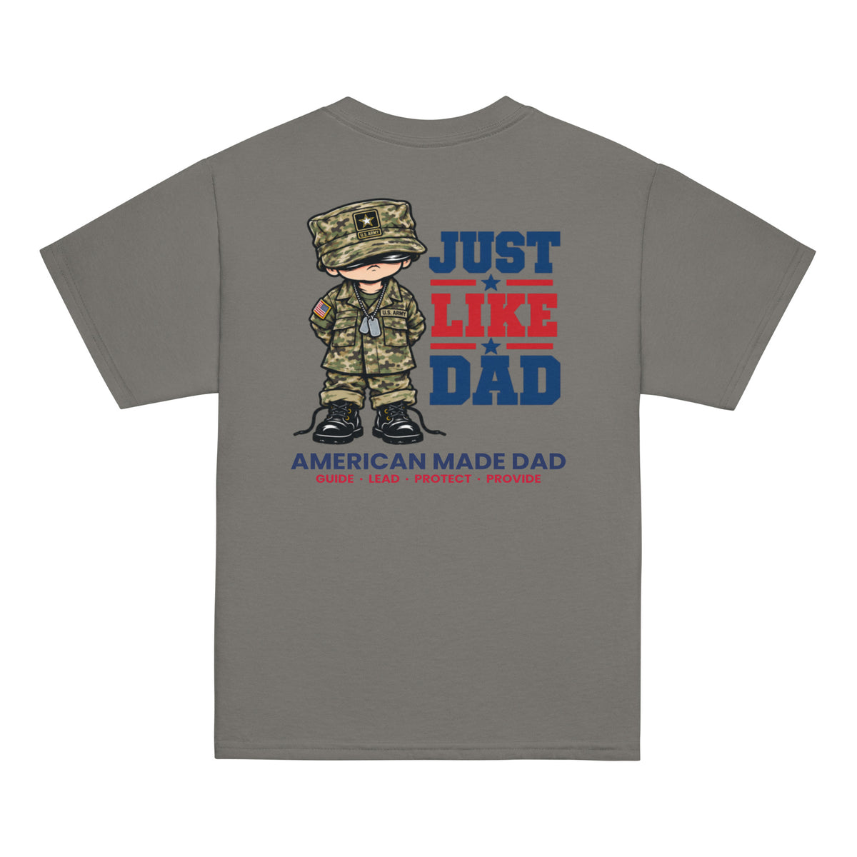 Back of a charcoal youth t-shirt with the Just Like Dad Army artwork printed across it