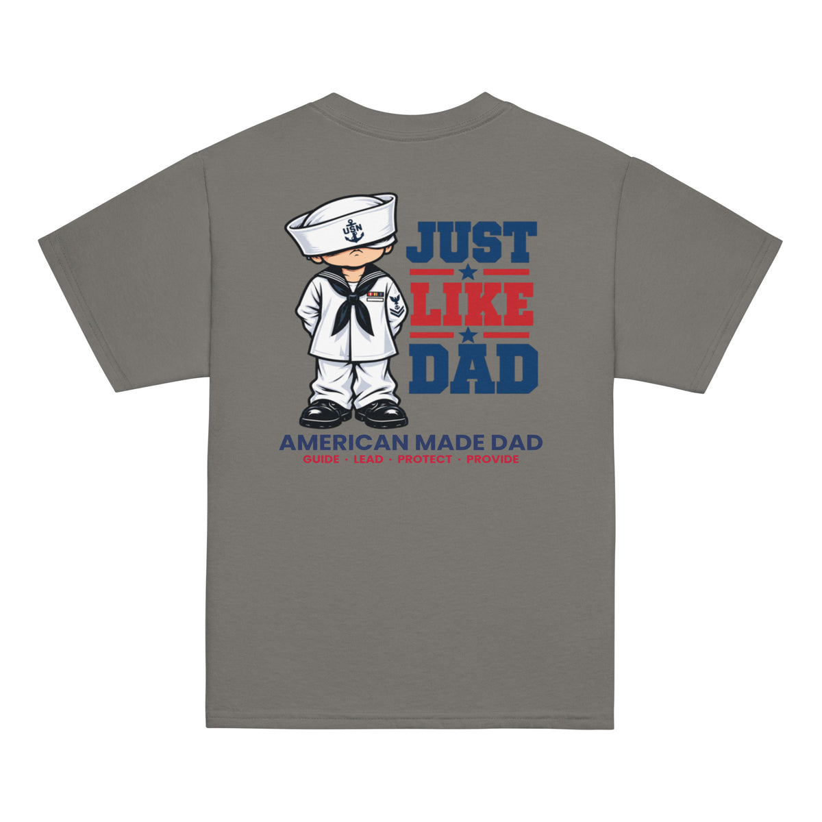 Back of a charcoal youth t-shirt with the Just Like Dad Navy artwork printed across it