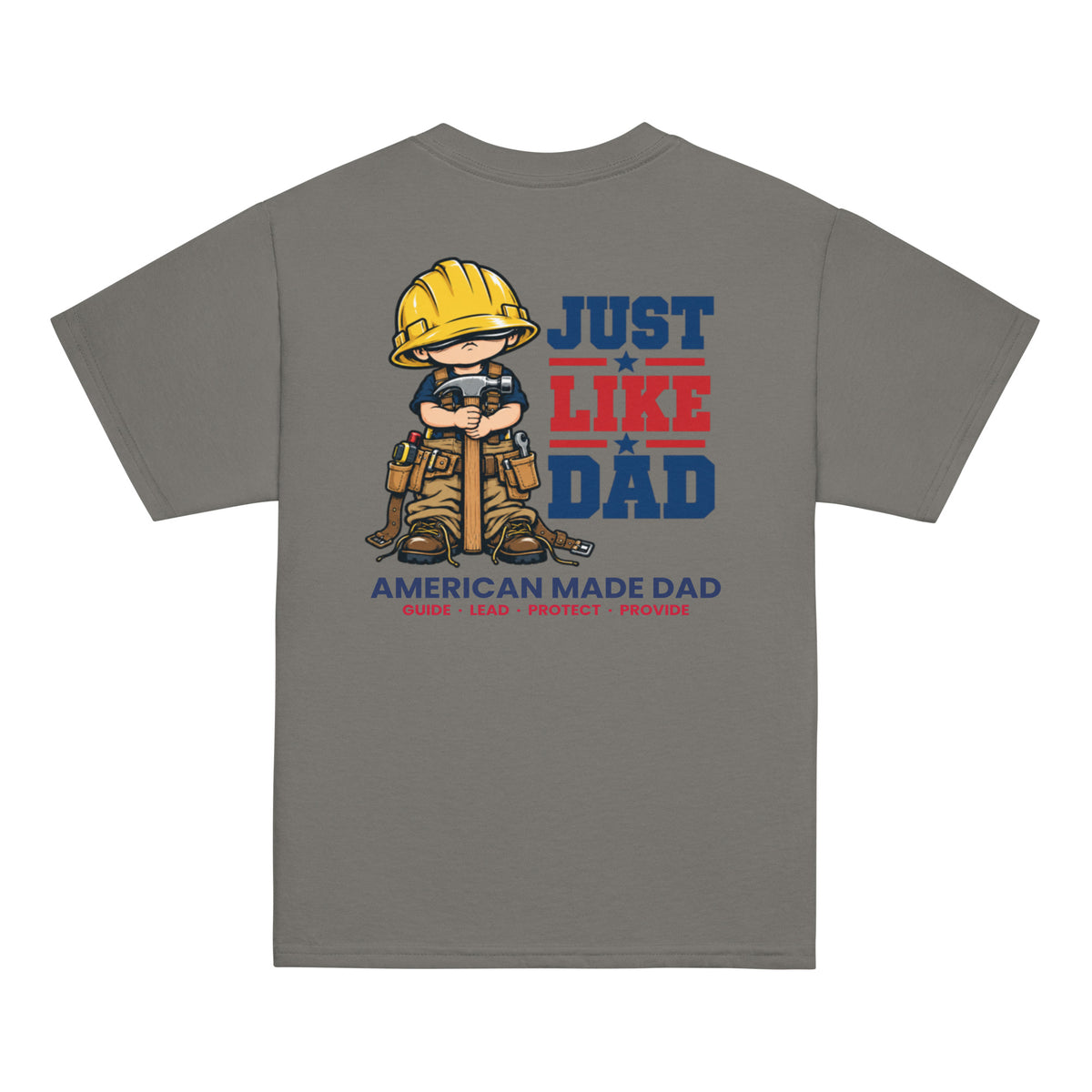 Back of a charcoal youth t-shirt with the Just Like Dad construction worker artwork printed across it