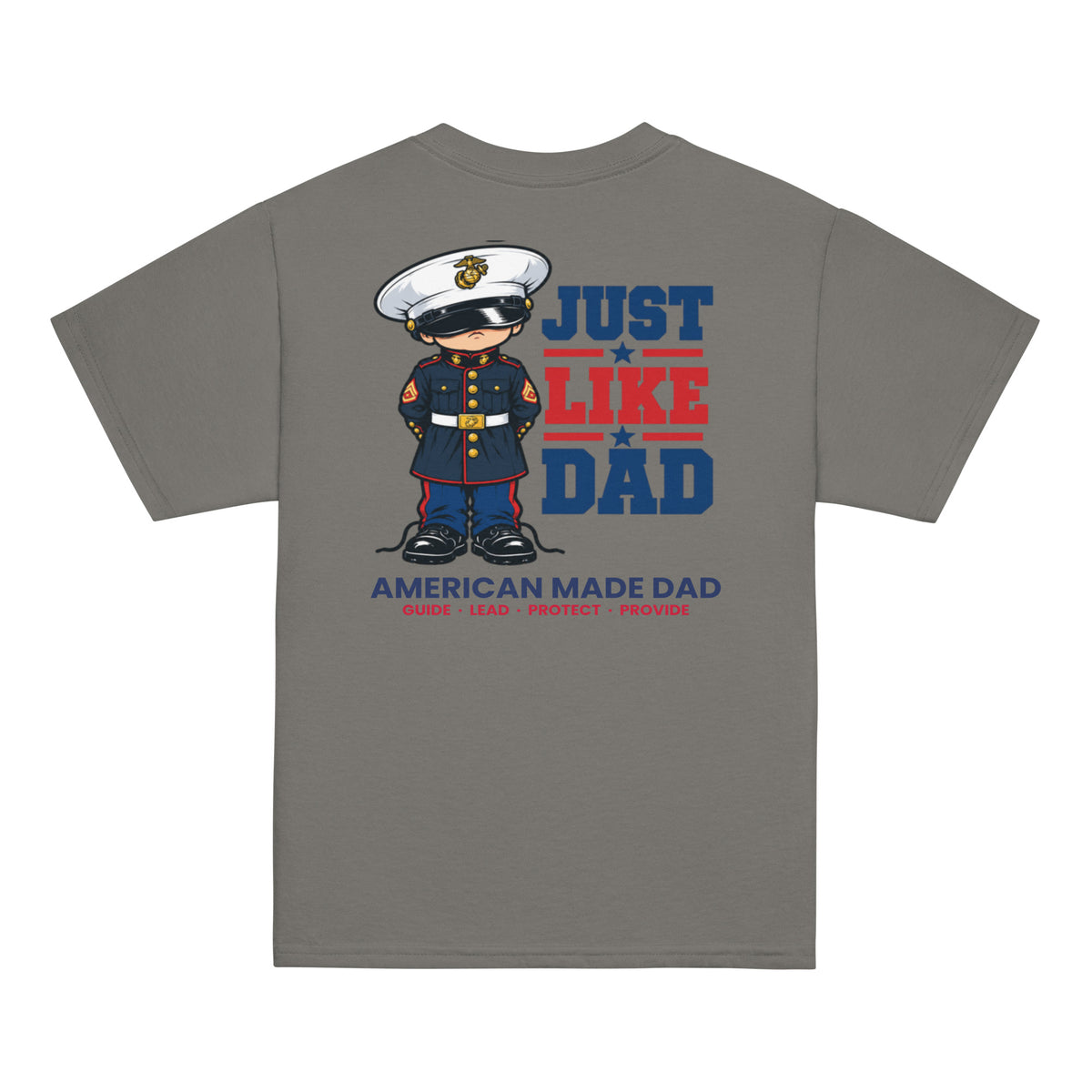 Back of a charcoal youth t-shirt with the Just Like Dad Marines artwork printed across it