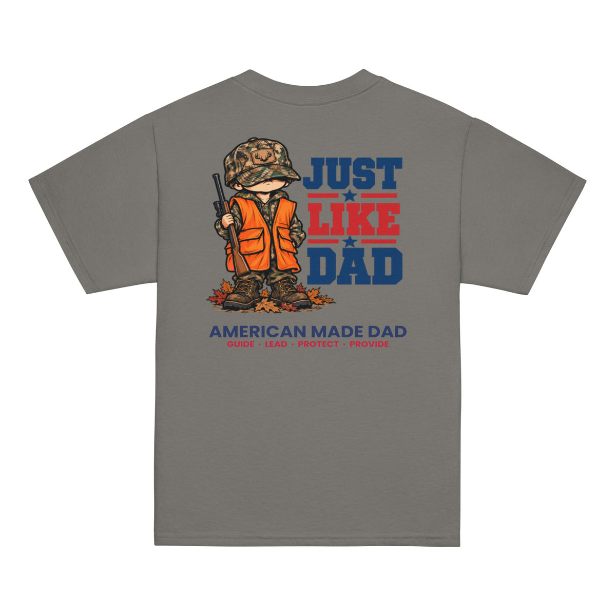 Back of a charcoal youth t-shirt with the Just Like Dad hunter artwork printed across it