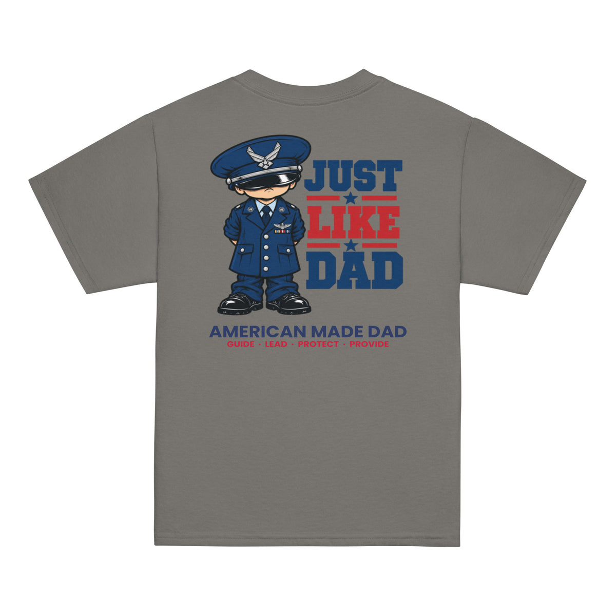 Back of a charcoal youth t-shirt with the Just Like Dad Air Force artwork printed across it