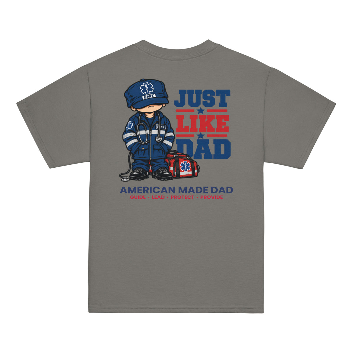 Back of a charcoal youth t-shirt with the Just Like Dad EMT artwork printed across it