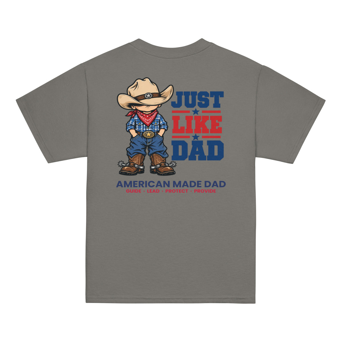 Back of a charcoal youth t-shirt with the Just Like Dad rancher artwork printed across it