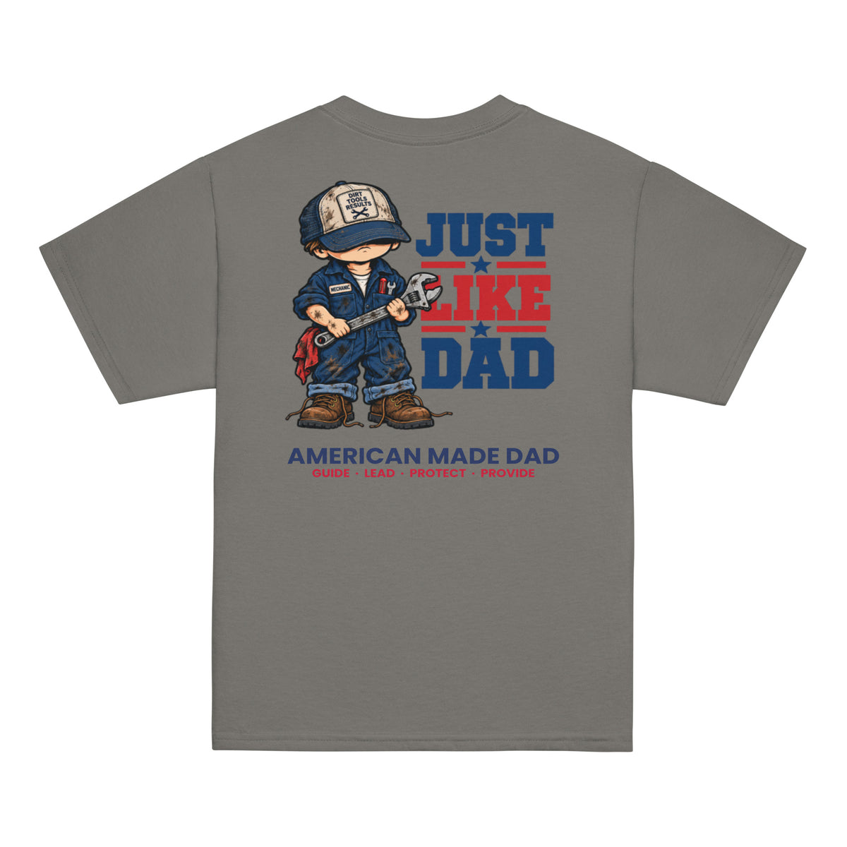 Back of a charcoal youth t-shirt with the Just Like Dad mechanic artwork printed across it