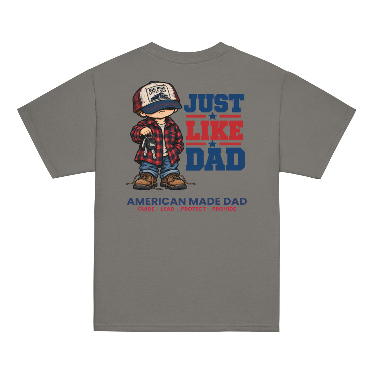 Back of a charcoal youth t-shirt with the Just Like Dad trucker artwork printed across it