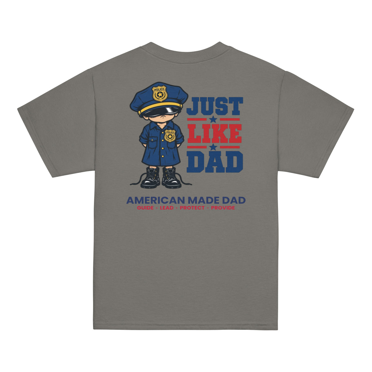 Back of a charcoal youth t-shirt with the Just Like Dad police officer artwork printed across it