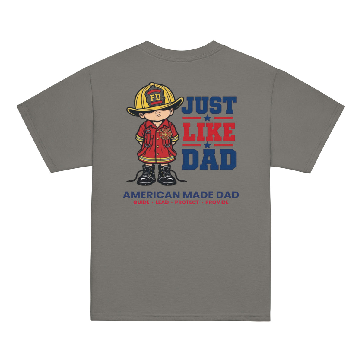 Back of a charcoal youth t-shirt with the Just Like Dad firefighter artwork printed across it
