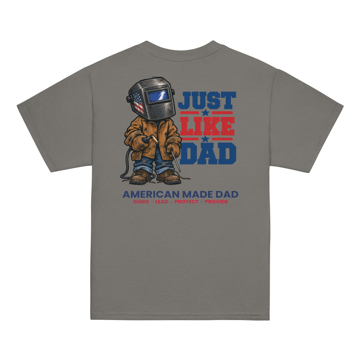 Back of a charcoal youth t-shirt with the Just Like Dad welder artwork printed across it