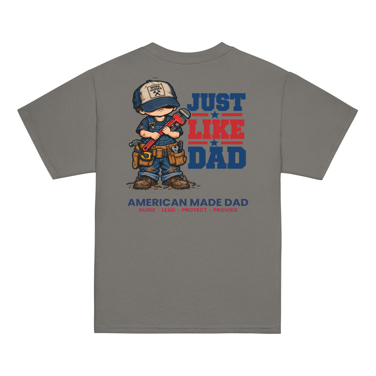 Back of a charcoal youth t-shirt with the Just Like Dad plumber artwork printed across it
