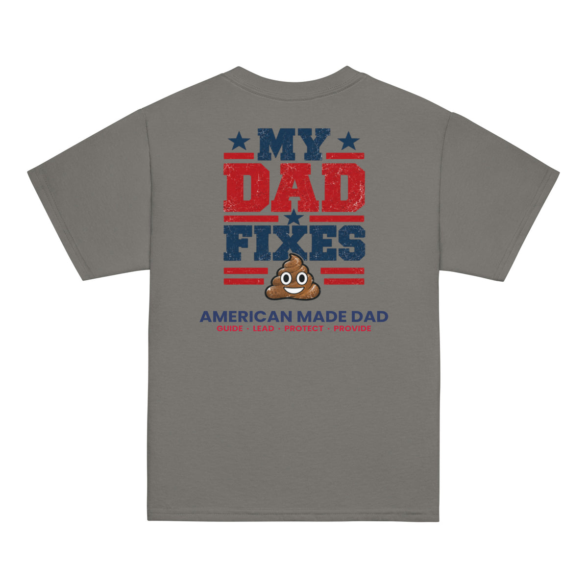 Back of a charcoal youth t-shirt with the kids design printed across it