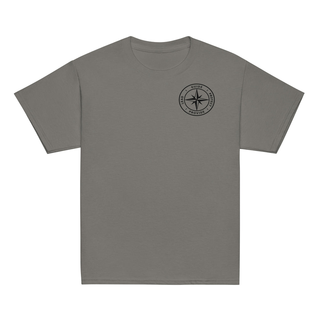Front of a charcoal youth t-shirt with the printed American Made Dad compass on the chest