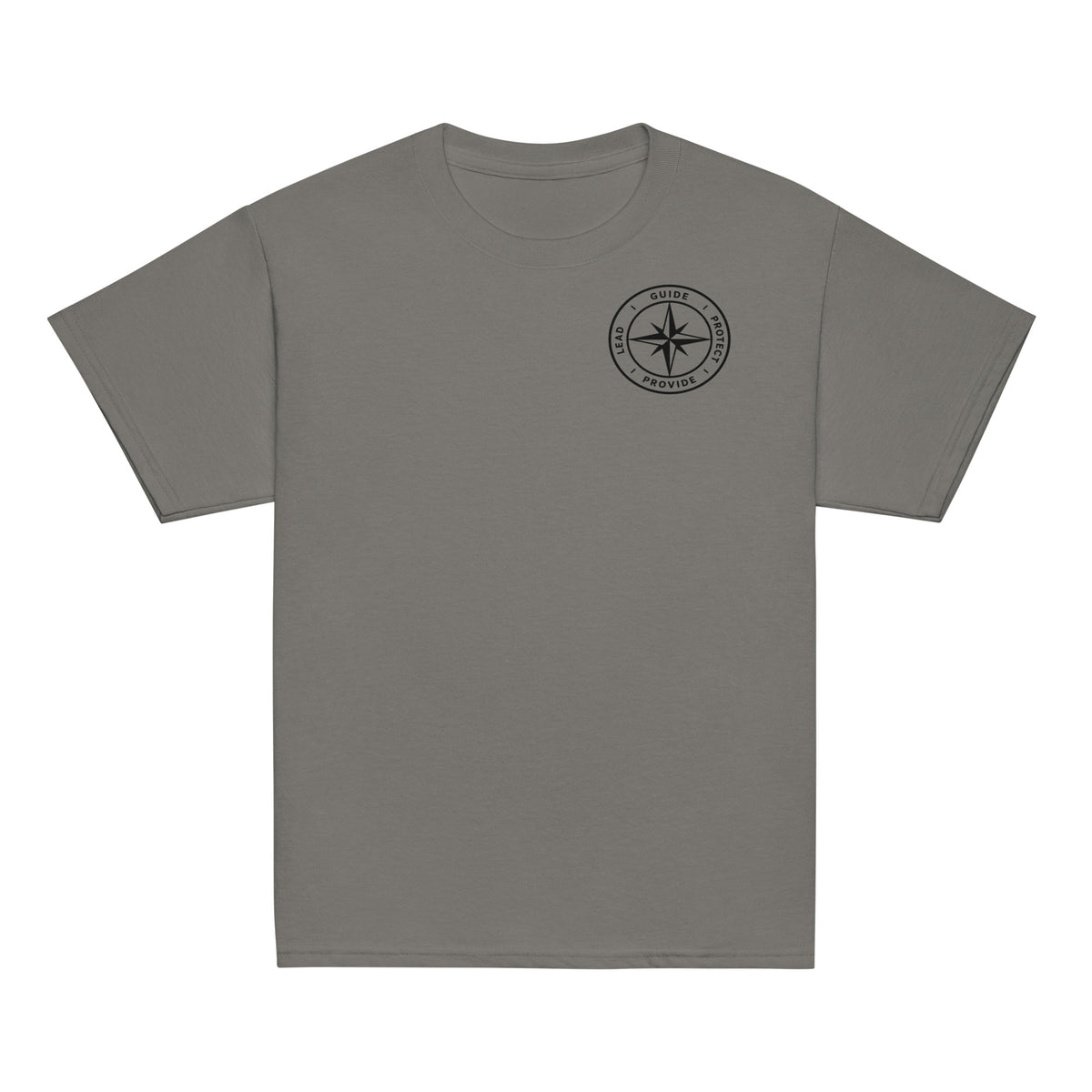 Front of a charcoal youth t-shirt with the printed American Made Dad compass on the chest