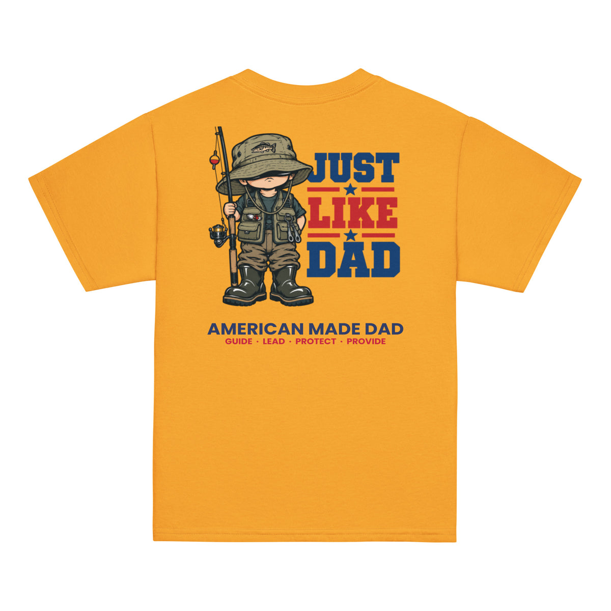 Back of a gold youth t-shirt with the Just Like Dad fisherman artwork printed across it