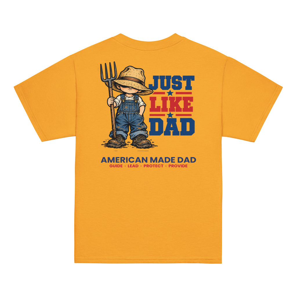 Back of a gold youth t-shirt with the Just Like Dad farmer artwork printed across it