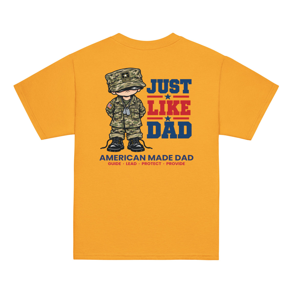 Back of a gold youth t-shirt with the Just Like Dad Army artwork printed across it