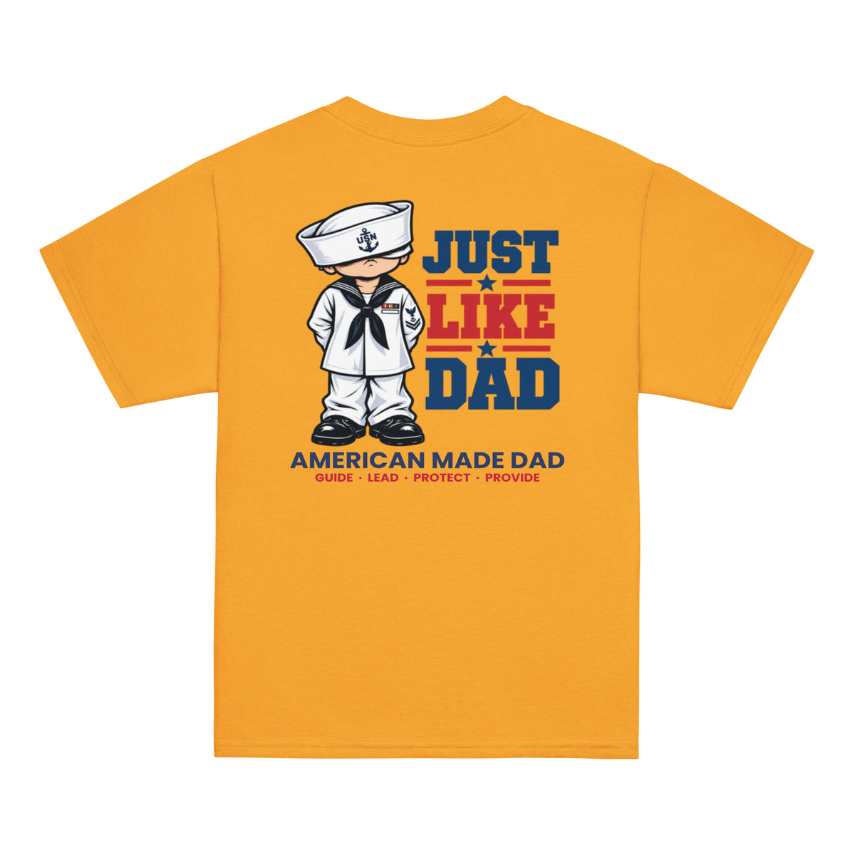 Back of a gold youth t-shirt with the Just Like Dad Navy artwork printed across it