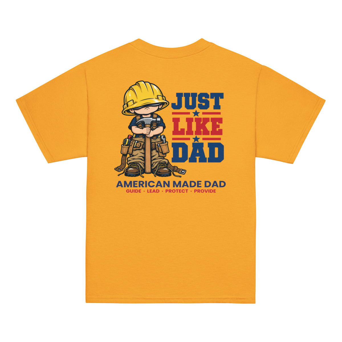Back of a gold youth t-shirt with the Just Like Dad construction worker artwork printed across it