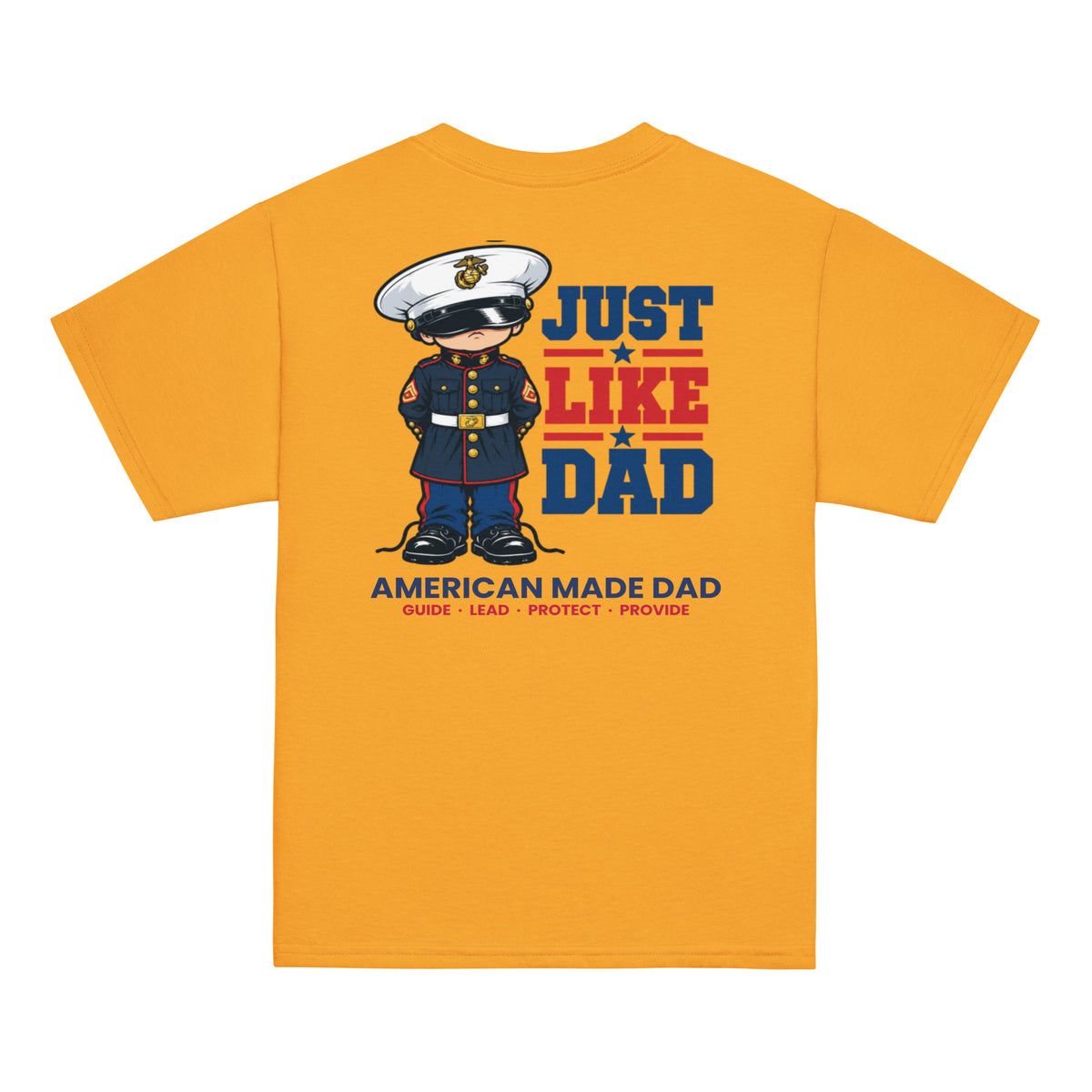 Back of a gold youth t-shirt with the Just Like Dad Marines artwork printed across it