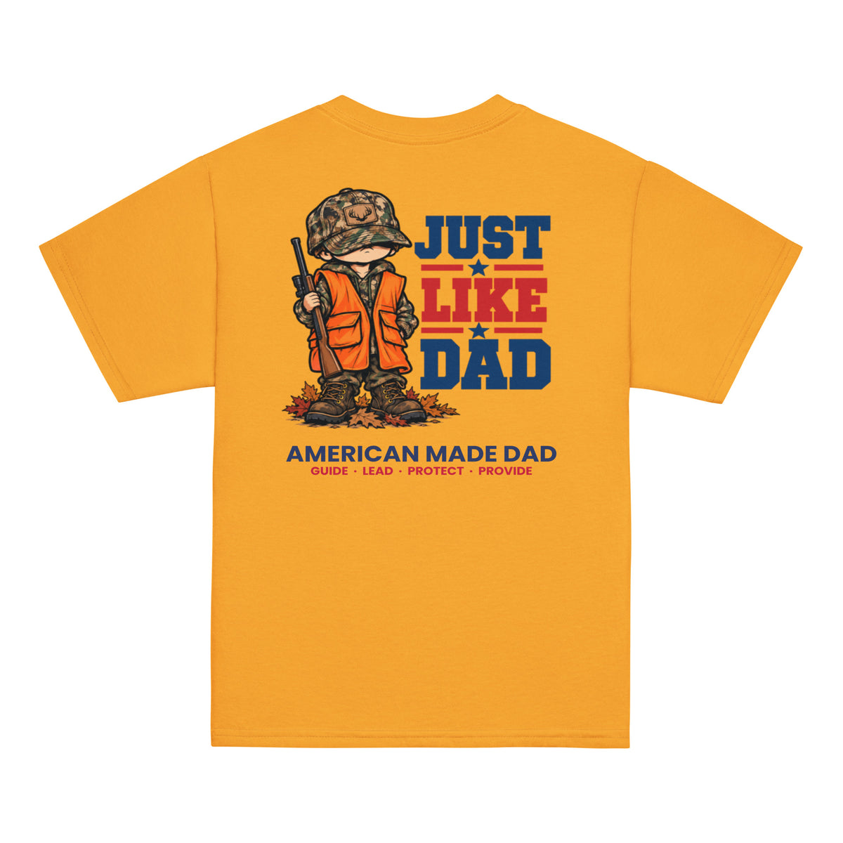 Back of a gold youth t-shirt with the Just Like Dad hunter artwork printed across it