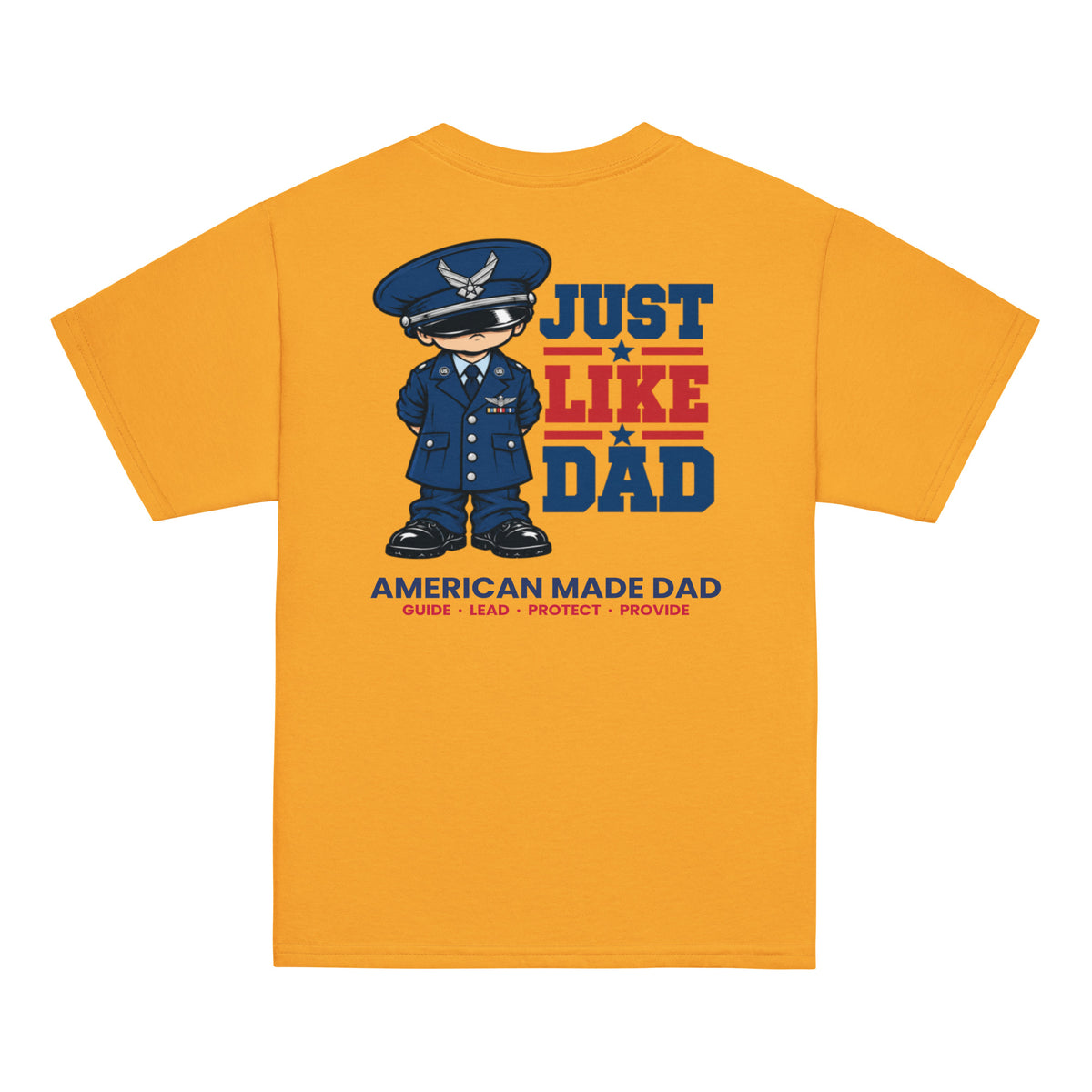 Back of a gold youth t-shirt with the Just Like Dad Air Force artwork printed across it