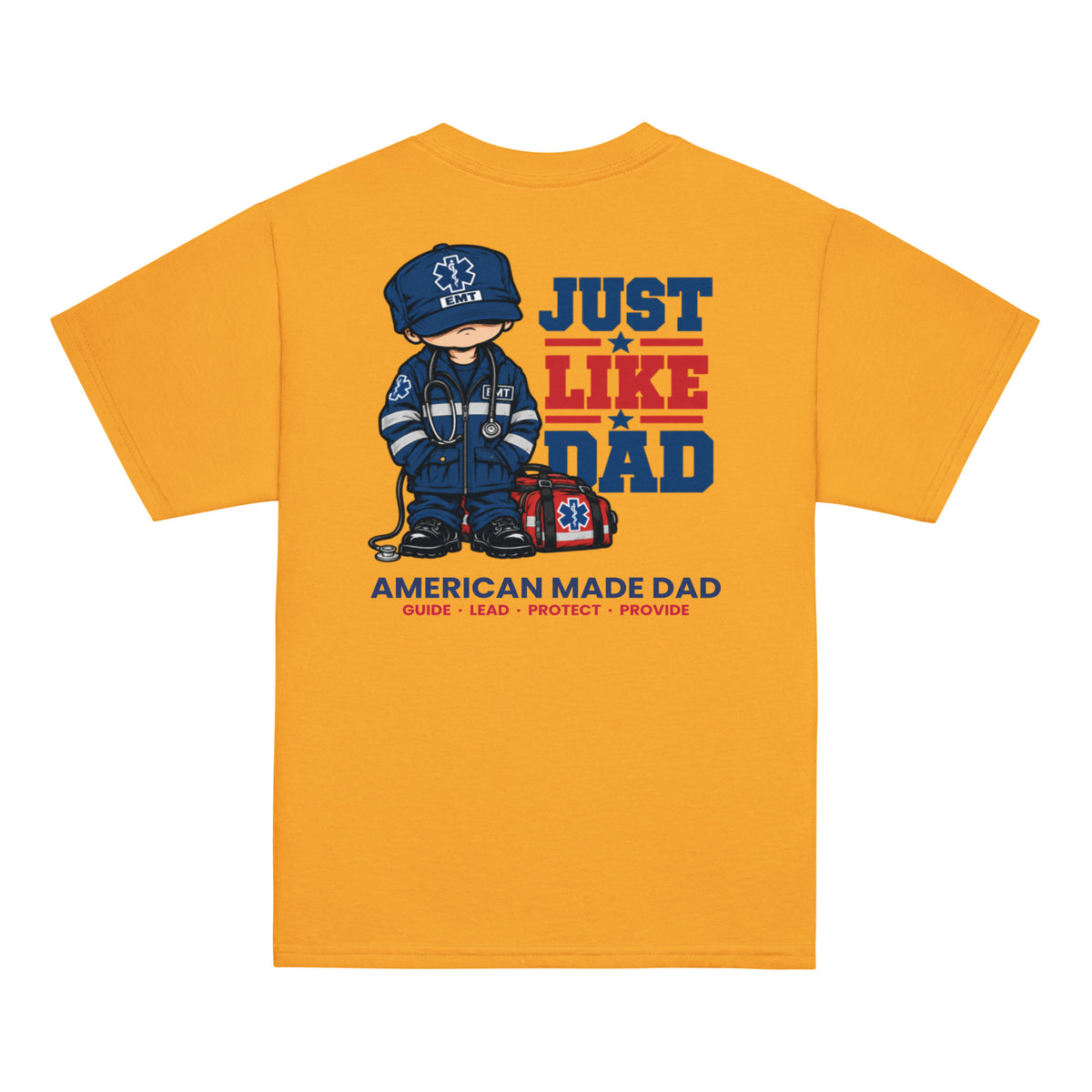 Back of a gold youth t-shirt with the Just Like Dad EMT artwork printed across it