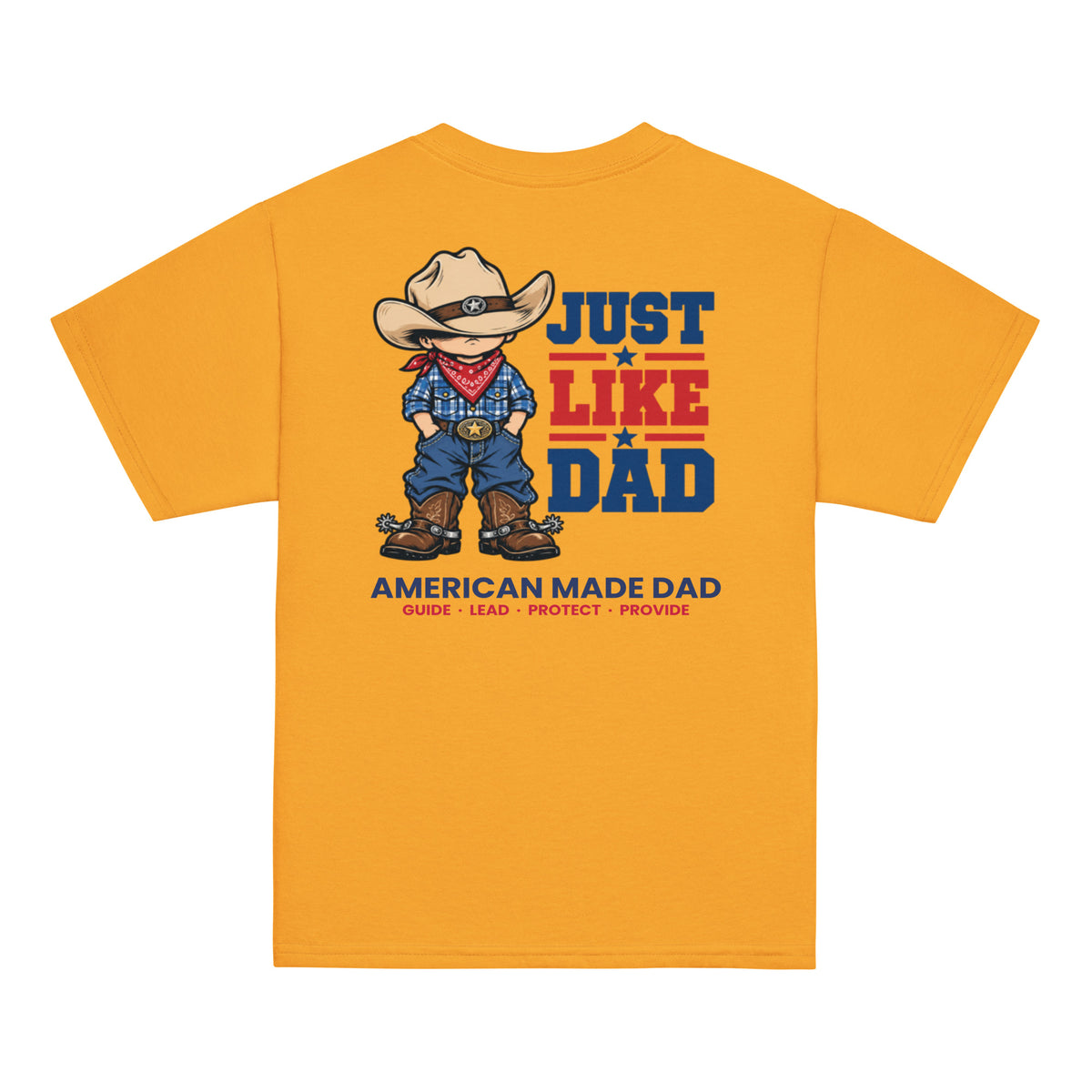 Back of a gold youth t-shirt with the Just Like Dad rancher artwork printed across it