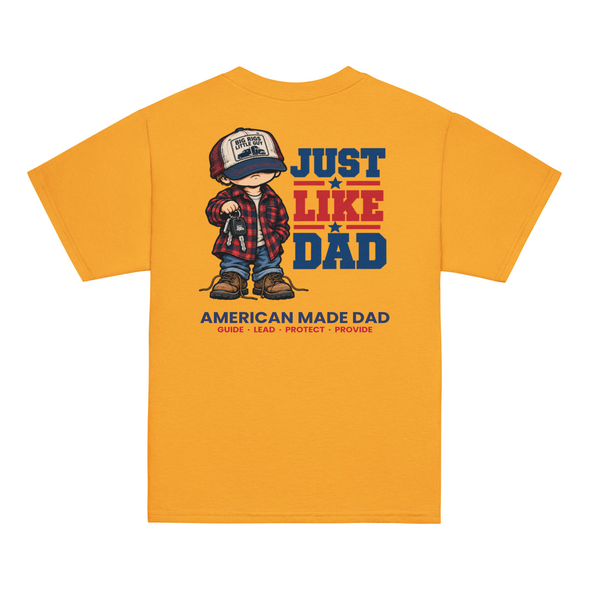 Back of a gold youth t-shirt with the Just Like Dad trucker artwork printed across it