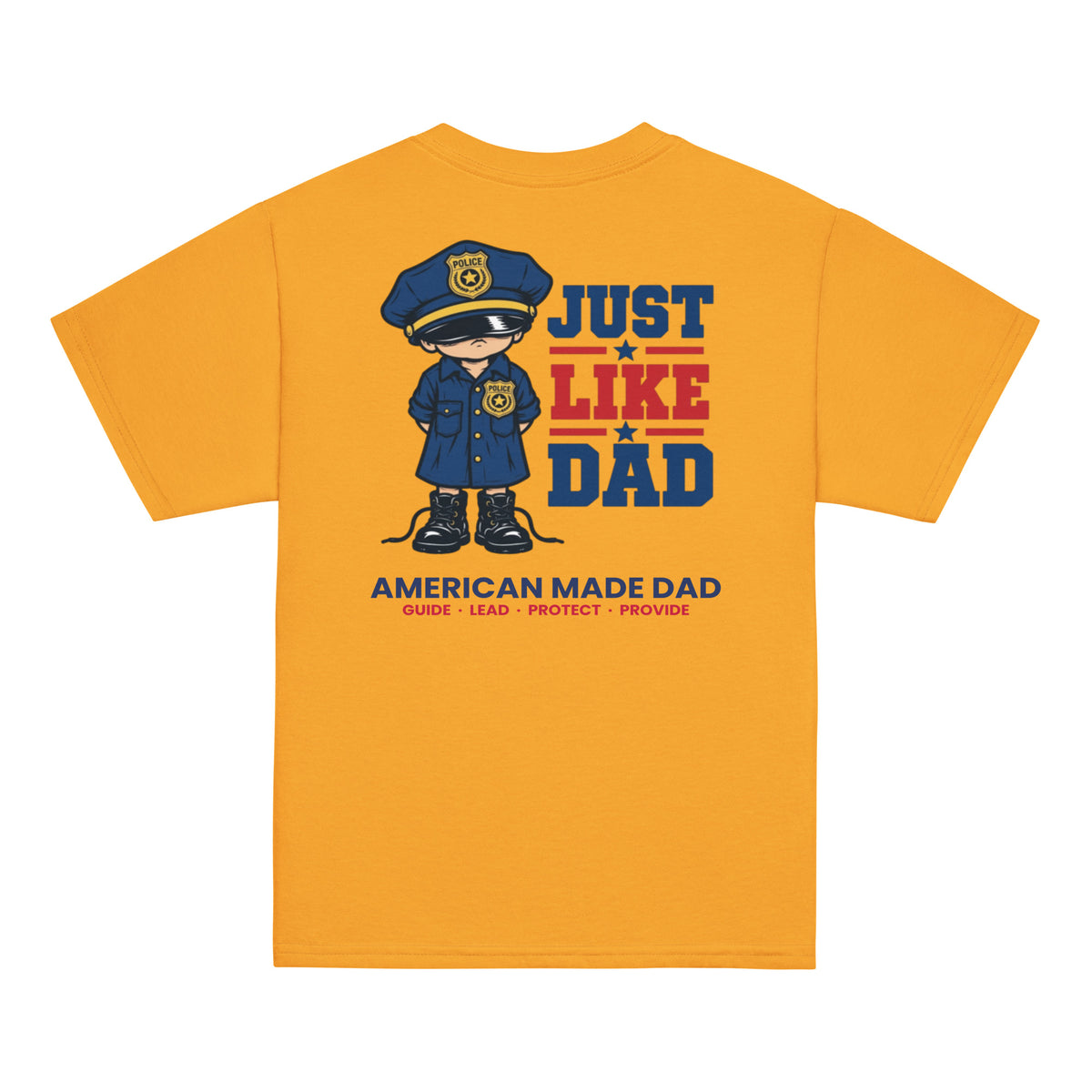 Back of a gold youth t-shirt with the Just Like Dad police officer artwork printed across it