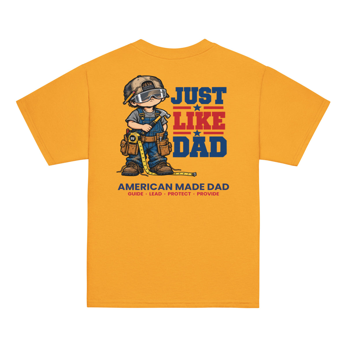 Back of a gold youth t-shirt with the Just Like Dad carpenter artwork printed across it
