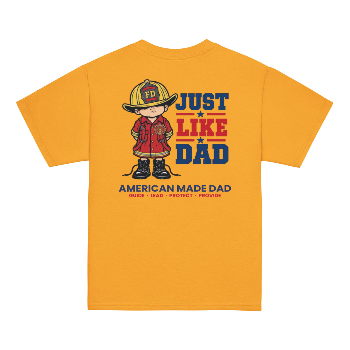 Back of a gold youth t-shirt with the Just Like Dad firefighter artwork printed across it