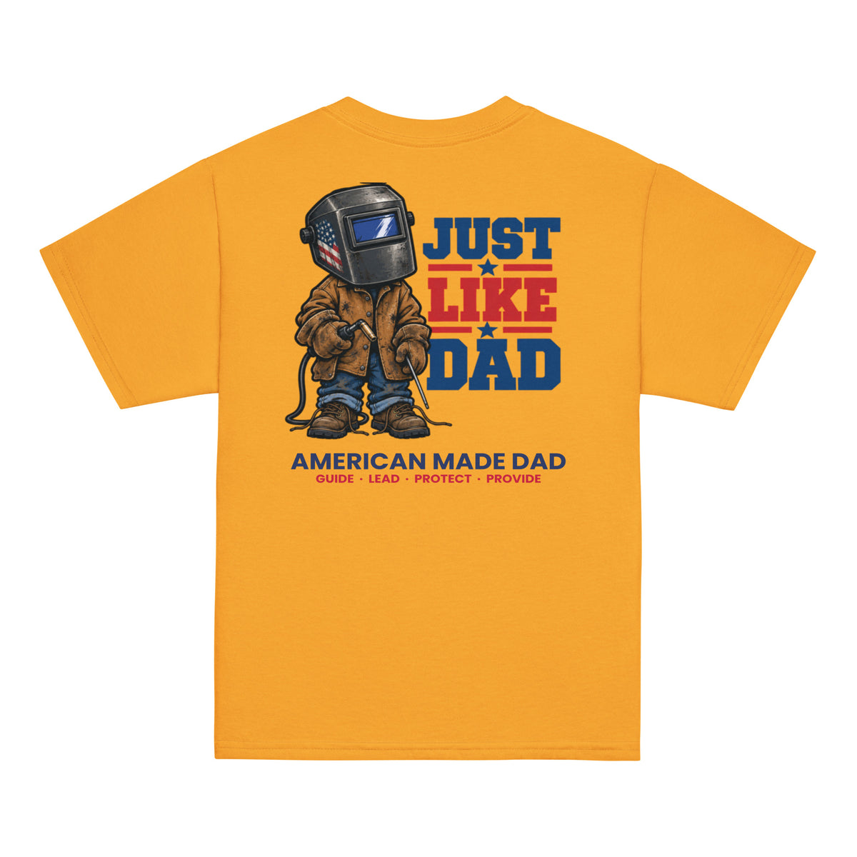 Back of a gold youth t-shirt with the Just Like Dad welder artwork printed across it