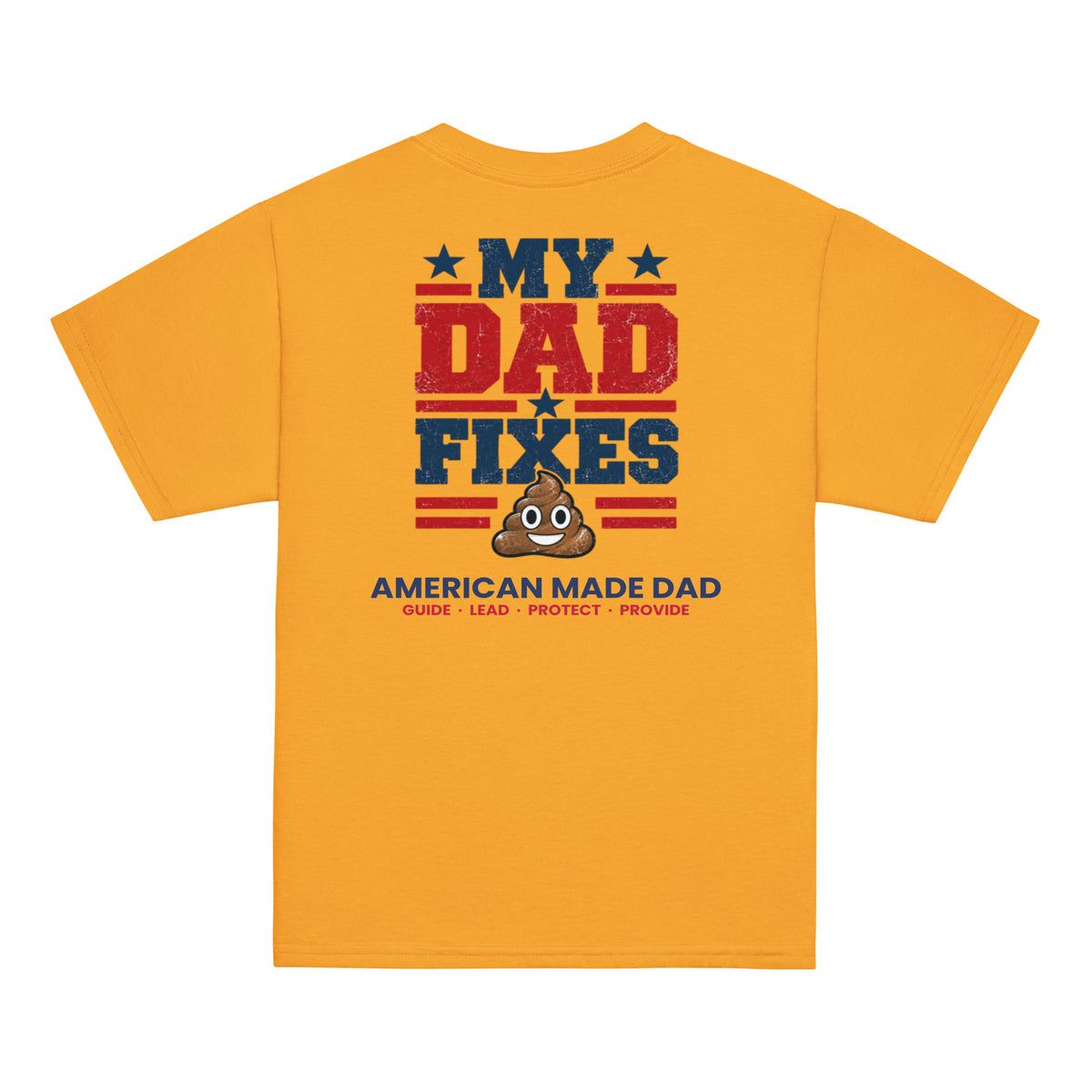 Back of a gold youth t-shirt with the kids design printed across it