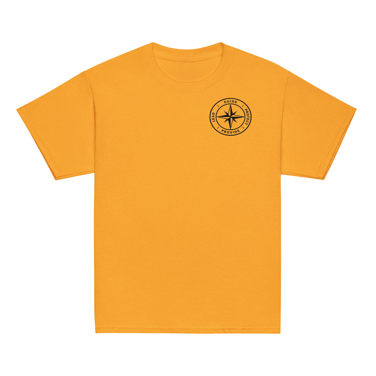 Front of a gold youth t-shirt with the printed American Made Dad compass on the chest