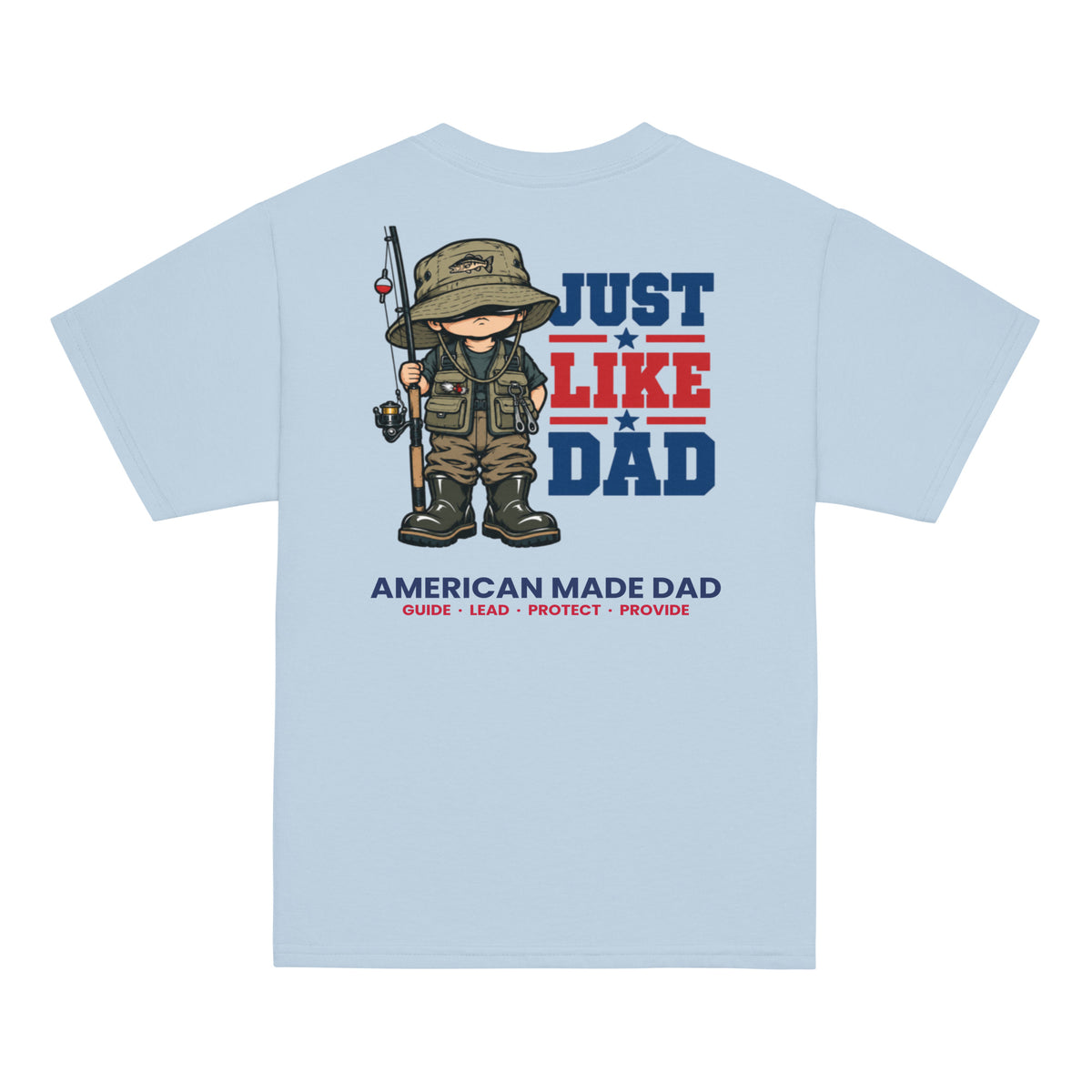 Back of a light blue youth t-shirt with the Just Like Dad fisherman artwork printed across it