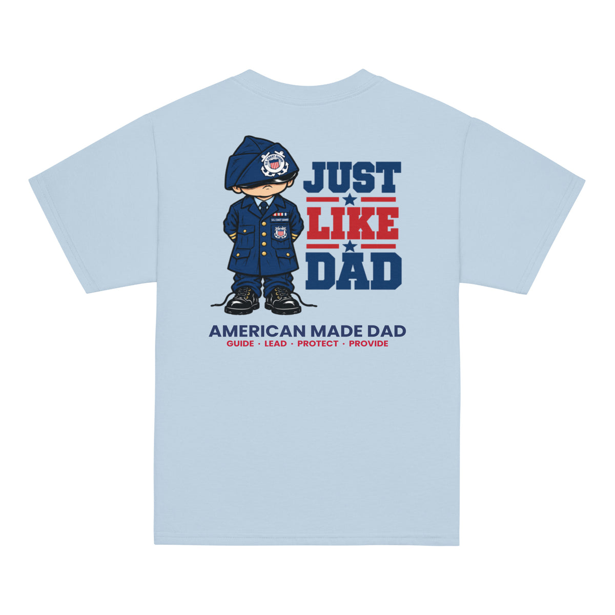 Back of a light blue youth t-shirt with the Just Like Dad Coast Guard artwork printed across it