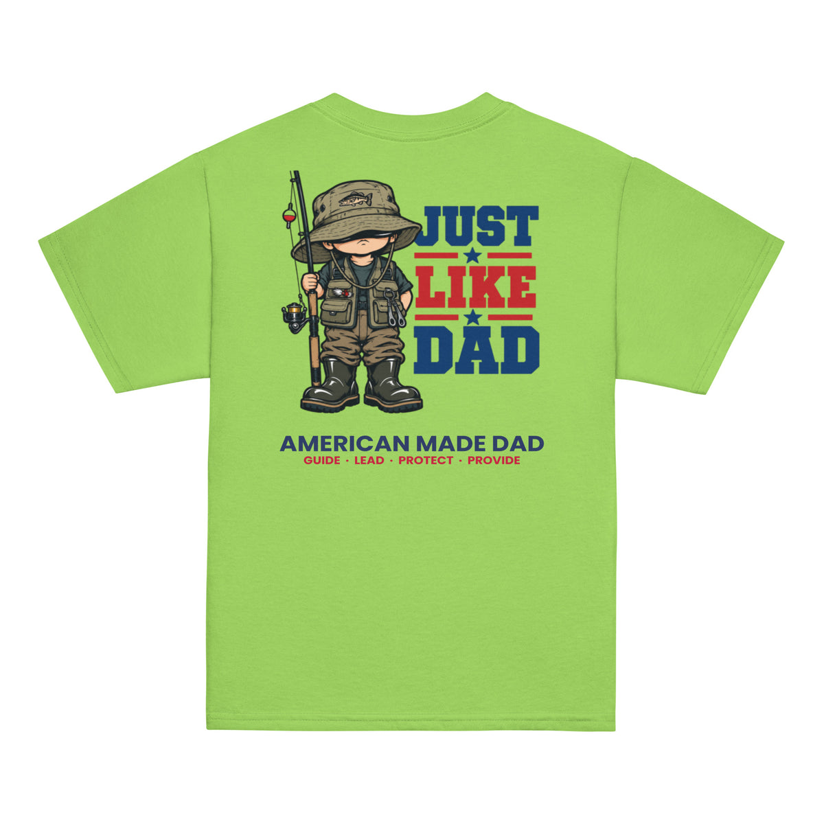 Back of a lime youth t-shirt with the Just Like Dad fisherman artwork printed across it