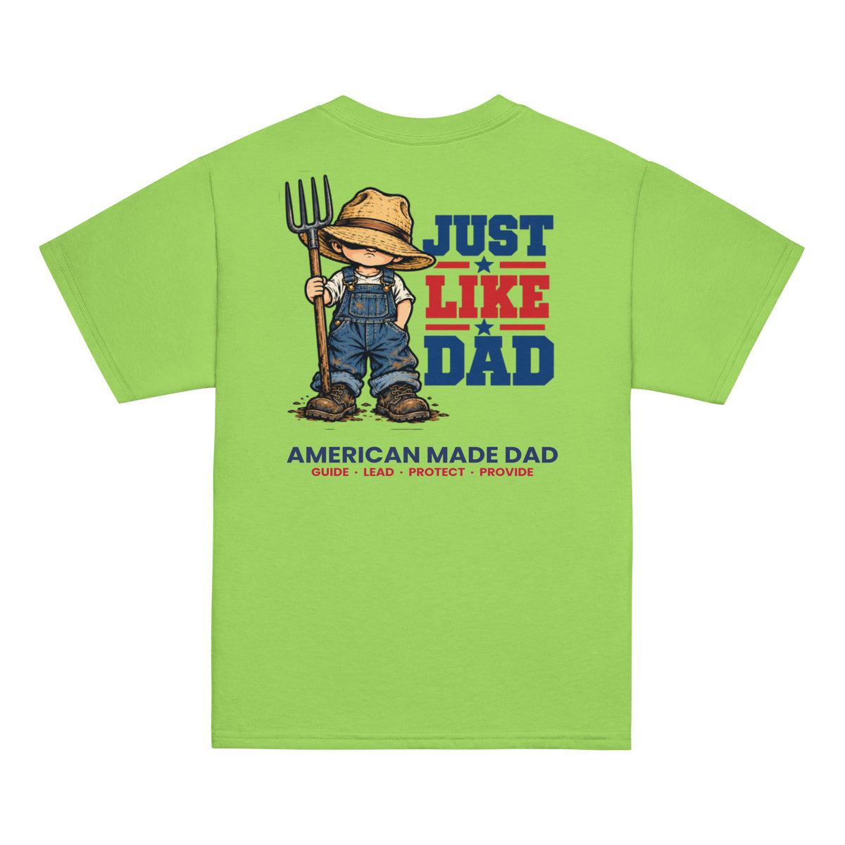 Back of a lime youth t-shirt with the Just Like Dad farmer artwork printed across it