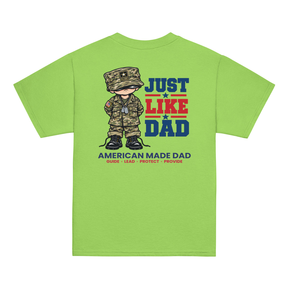 Back of a lime youth t-shirt with the Just Like Dad Army artwork printed across it