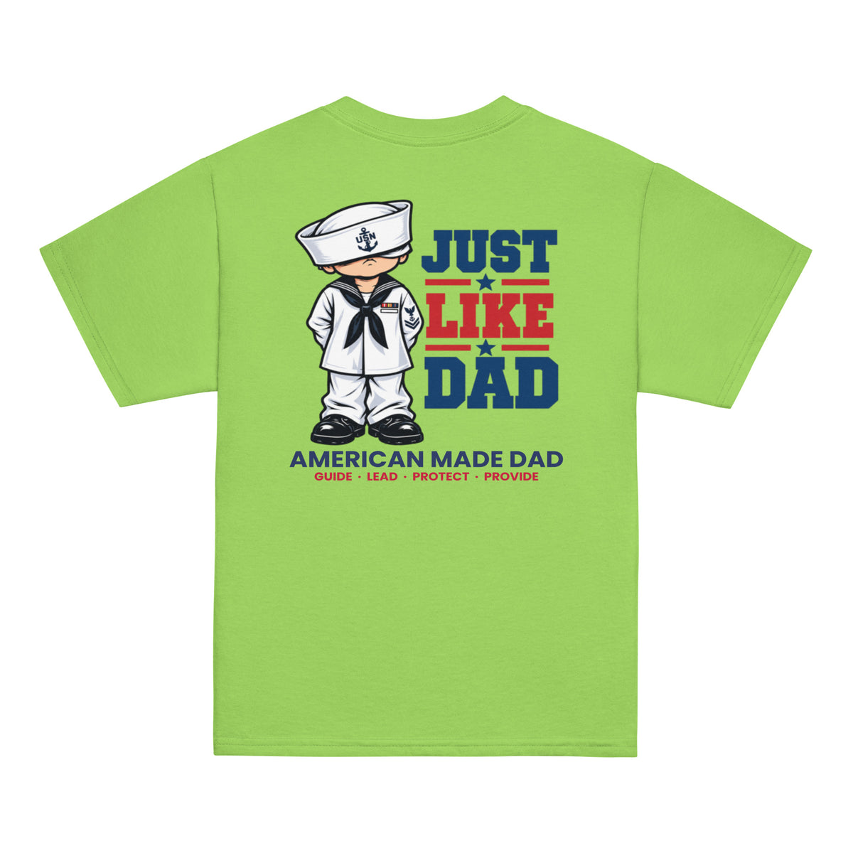 Back of a lime youth t-shirt with the Just Like Dad Navy artwork printed across it