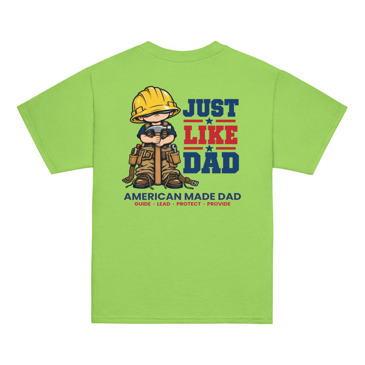 Back of a lime youth t-shirt with the Just Like Dad construction worker artwork printed across it