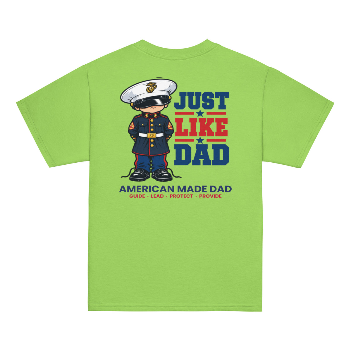 Back of a lime youth t-shirt with the Just Like Dad Marines artwork printed across it