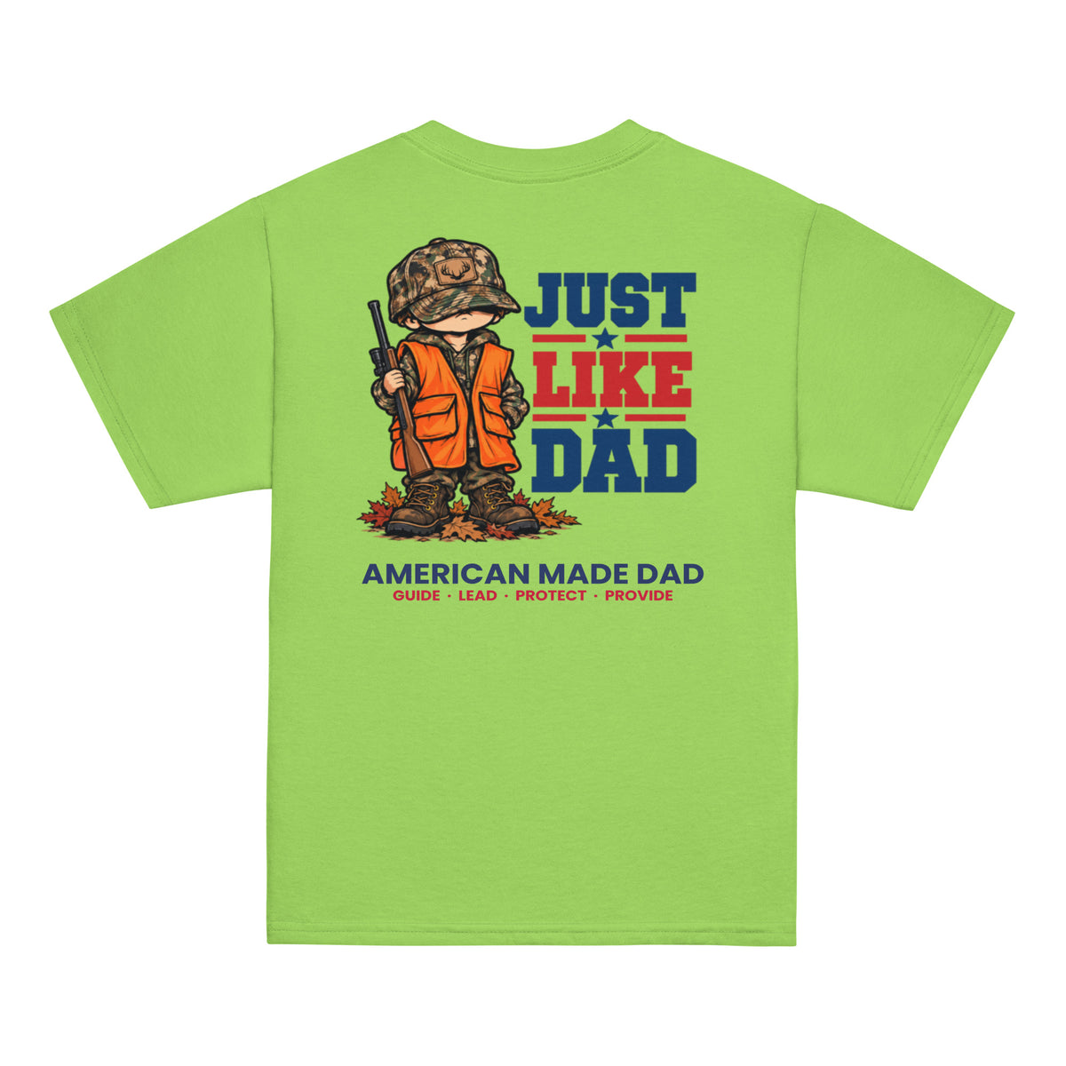 Back of a lime youth t-shirt with the Just Like Dad hunter artwork printed across it