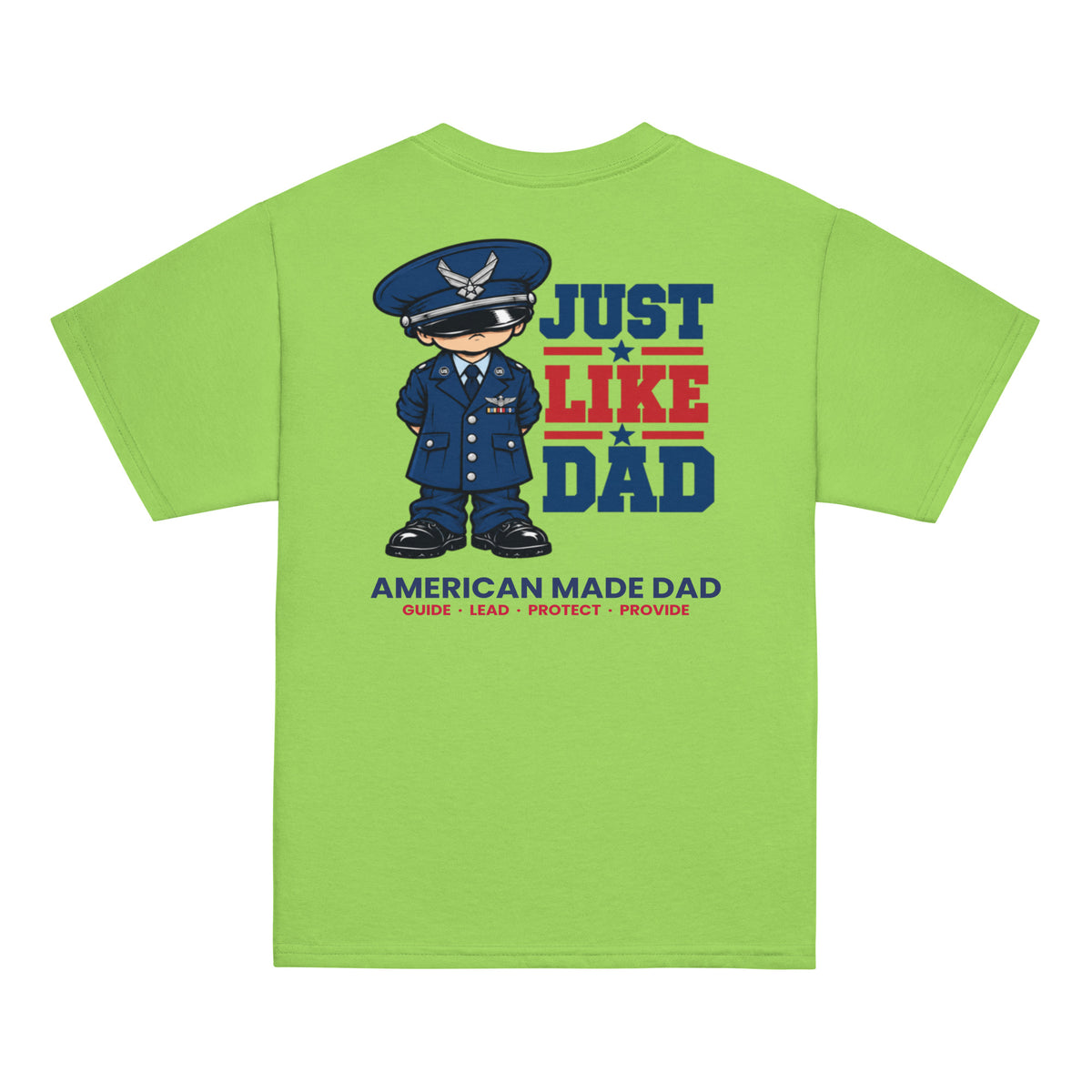 Back of a lime youth t-shirt with the Just Like Dad Air Force artwork printed across it