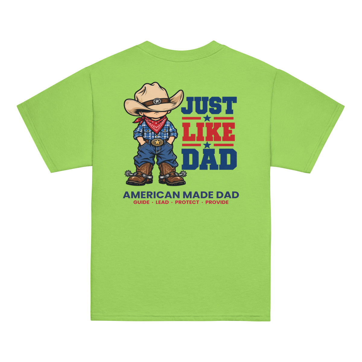 Back of a lime youth t-shirt with the Just Like Dad rancher artwork printed across it