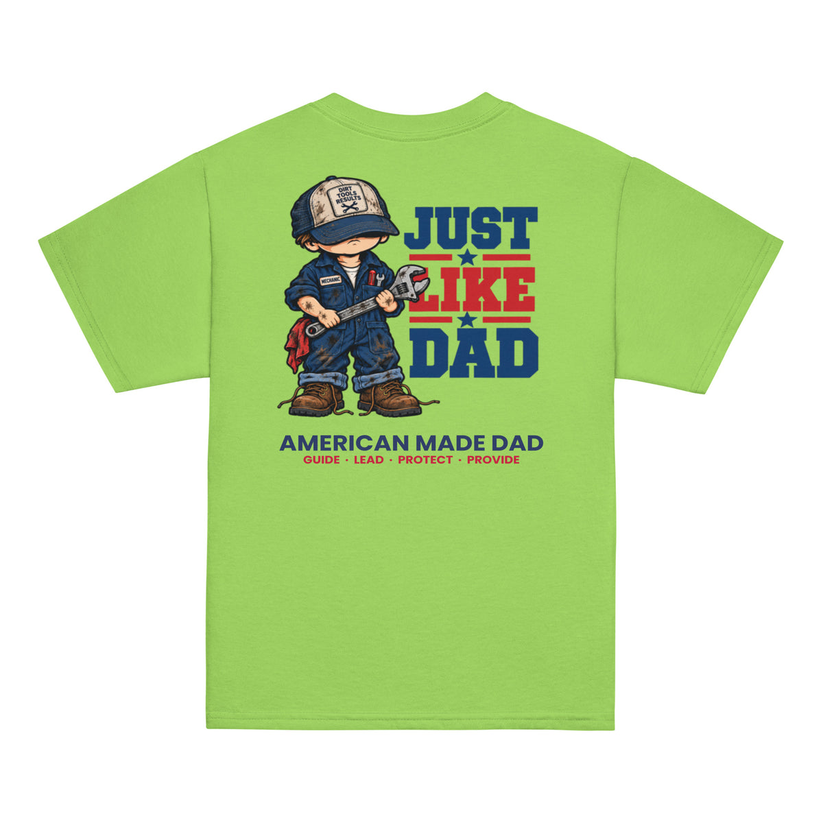 Back of a lime youth t-shirt with the Just Like Dad mechanic artwork printed across it