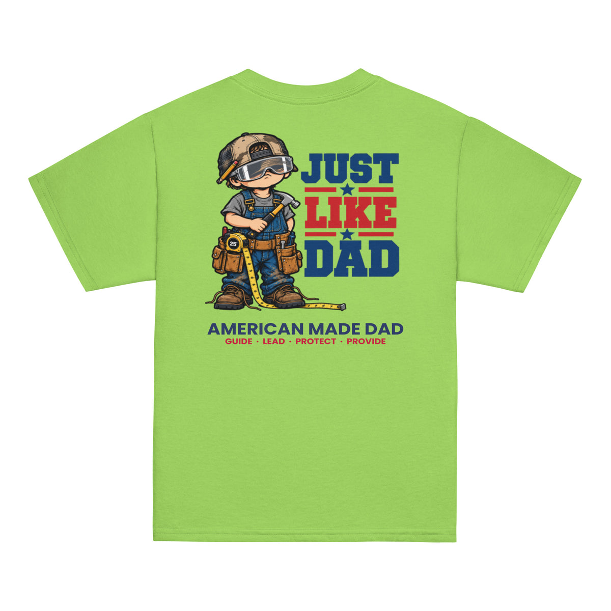 Back of a lime youth t-shirt with the Just Like Dad carpenter artwork printed across it