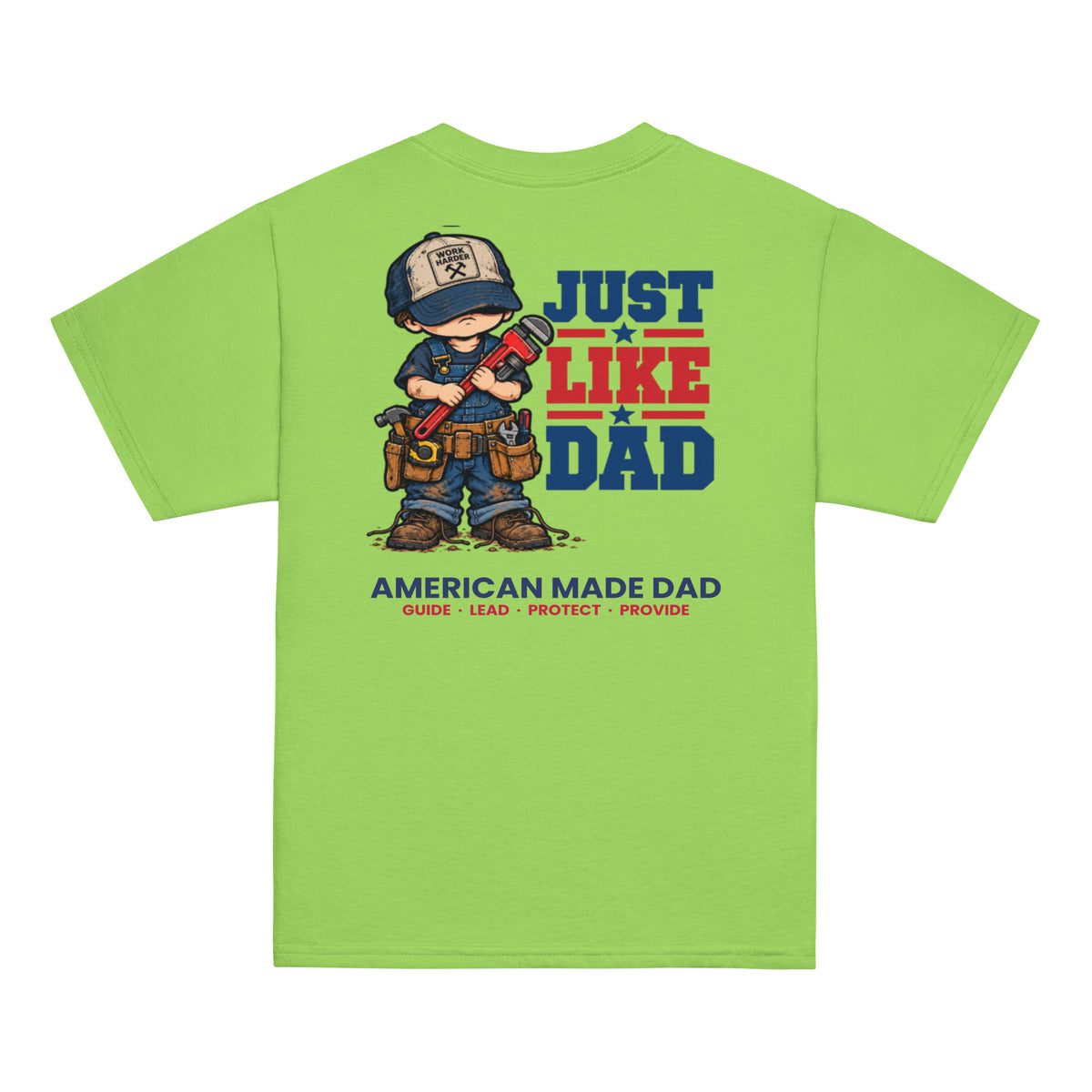 Back of a lime youth t-shirt with the Just Like Dad plumber artwork printed across it