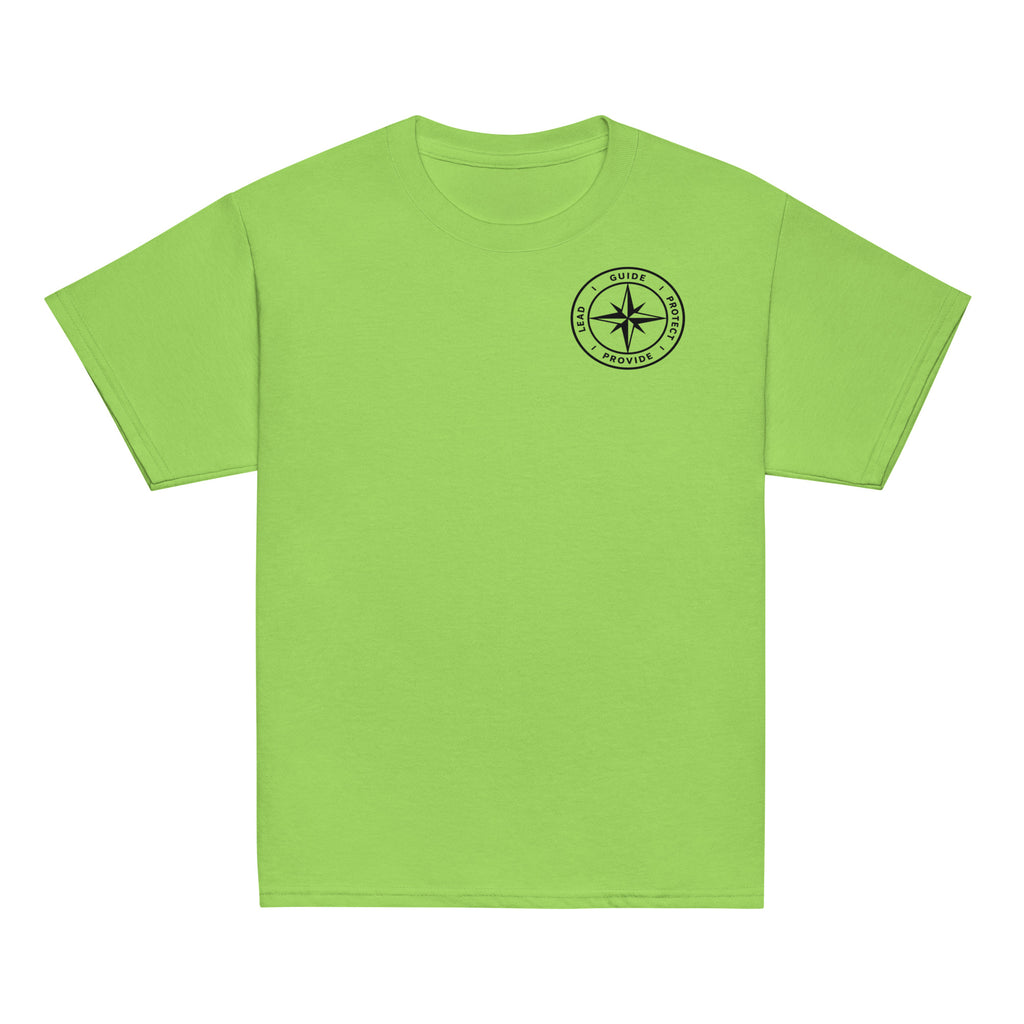 Front of a lime youth t-shirt with the printed American Made Dad compass on the chest