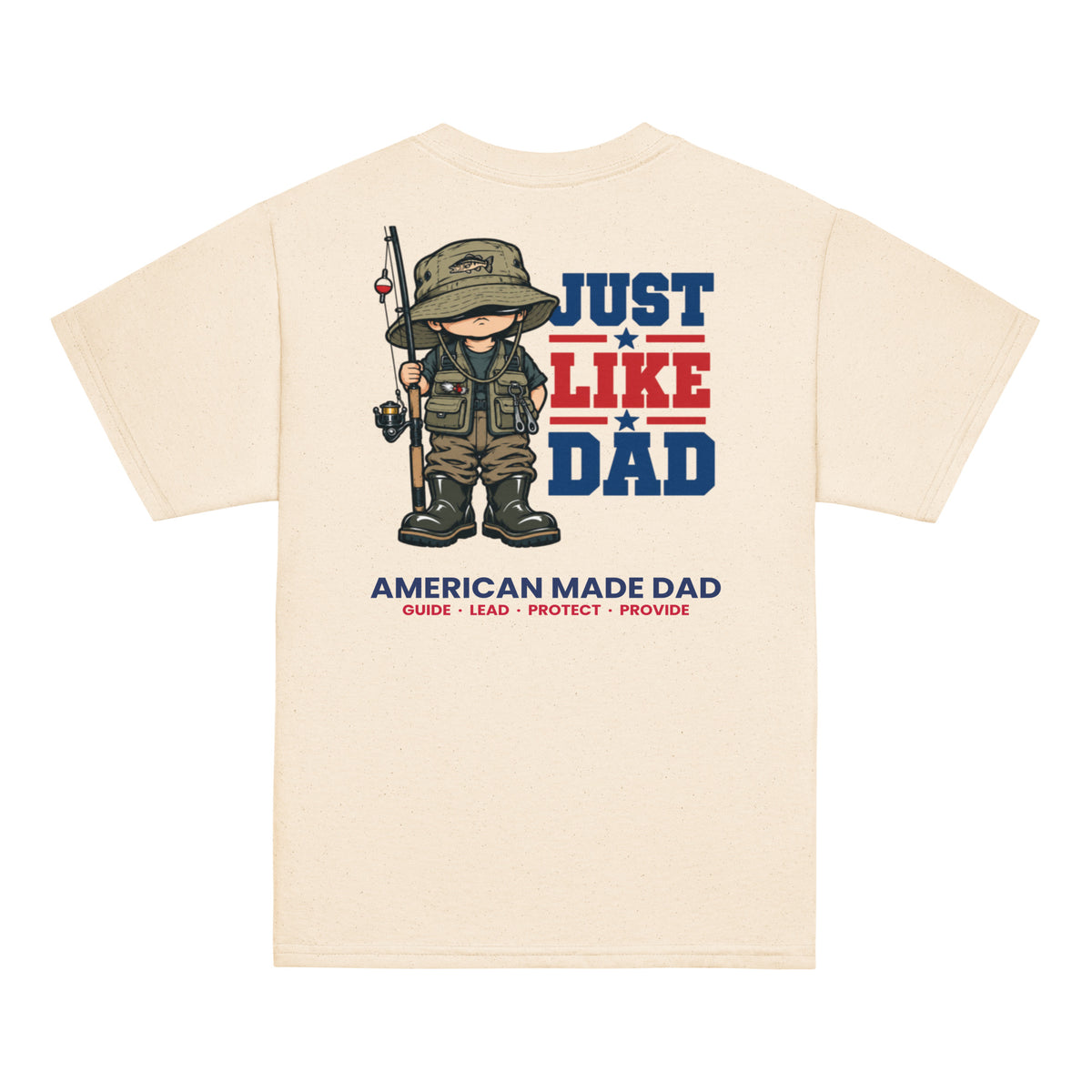 Back of a natural youth t-shirt with the Just Like Dad fisherman artwork printed across it